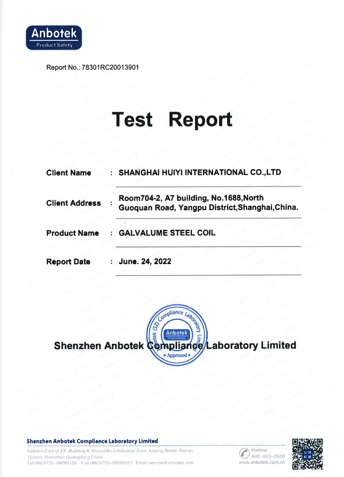 China Shanghai Huiyi International Co., Ltd. Certification